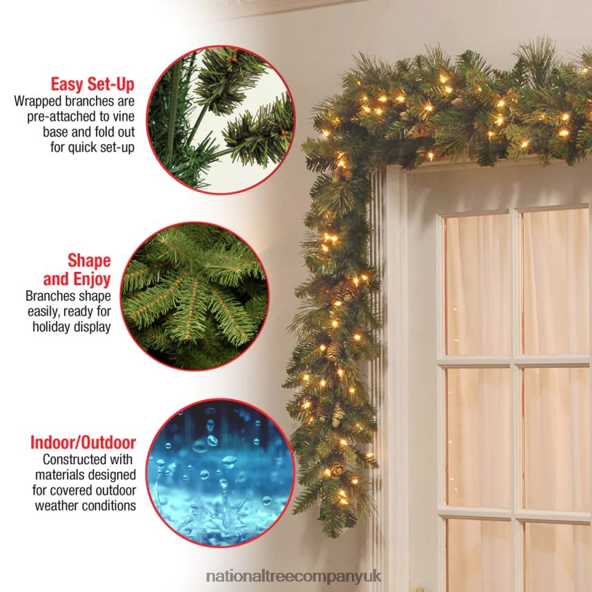 Greenery | National Tree Company Pre-Lit Artificial Christmas Garland Green Carolina Pine White Lights Decorated with Pine Cones Plug In Christmas Collection 9 Feet F2L4F326
